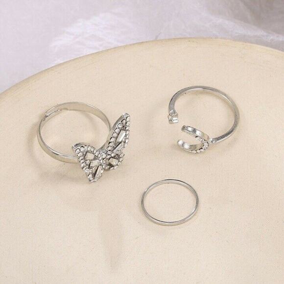 Silver Alloy Plated Fashion Rhinestone Butterfly Moon Star Ring Trio - Picture 4 of 8